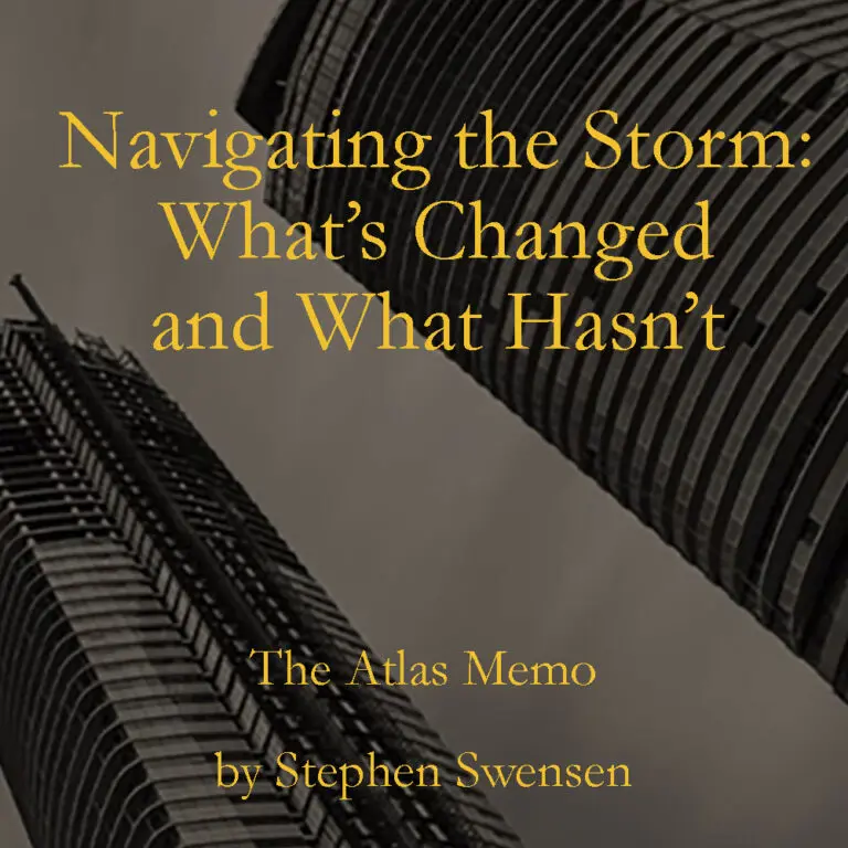 Tall buildings with "Navigating the Storm" text